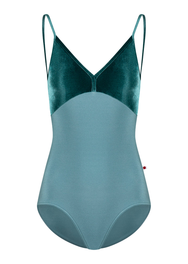 Yumiko women's Daria camisole leotard in dark teal with velvet bust and v-neckline.