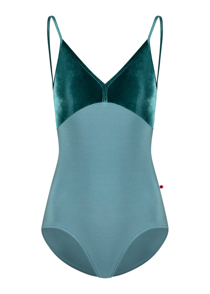 Yumiko women's Daria camisole leotard in dark teal with velvet bust and v-neckline.