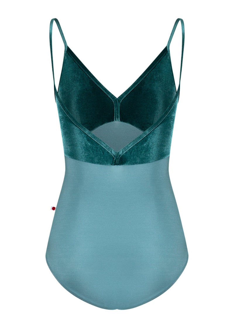 Yumiko women's Daria camisole leotard in dark teal with velvet bust and velvet bust.