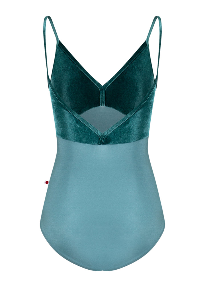 Yumiko women's Daria camisole leotard in dark teal with velvet bust and velvet bust.