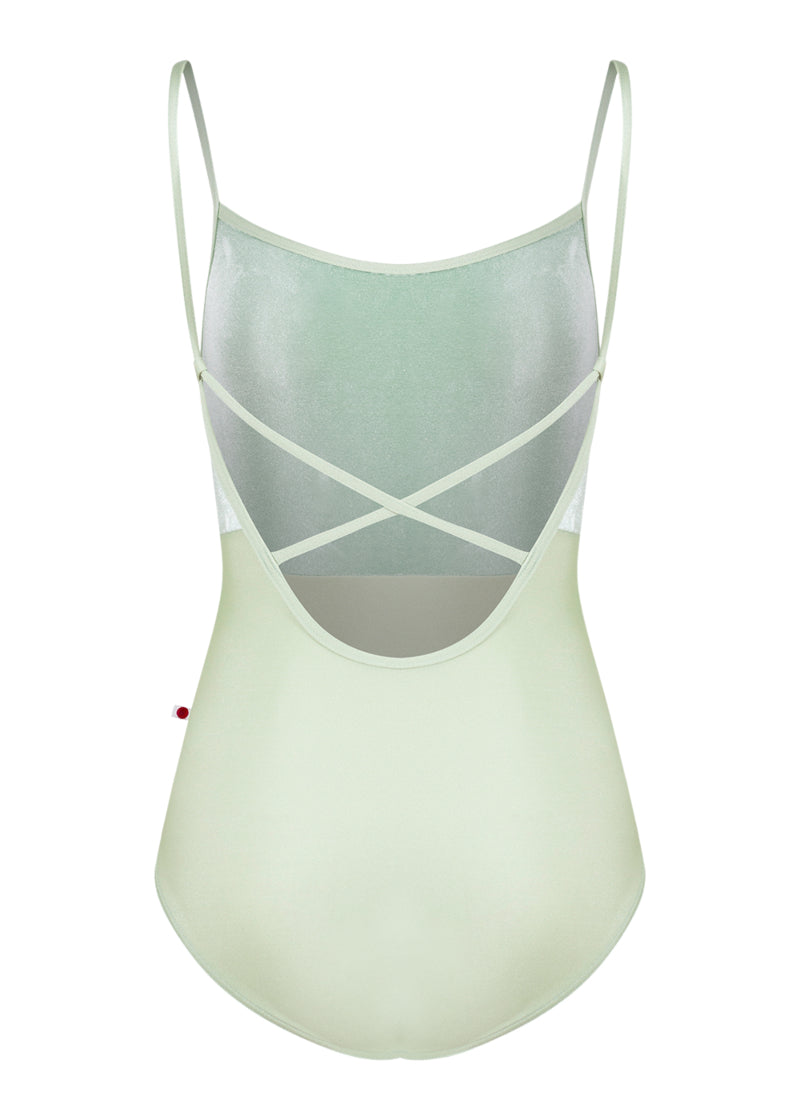 Yumiko women's Daniela camisole leotard in light green with criss-cross straps over an open back.