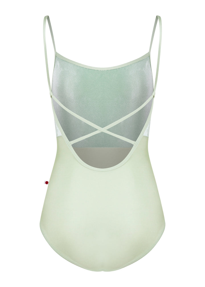 Yumiko women's Daniela camisole leotard in light green with criss-cross straps over an open back.