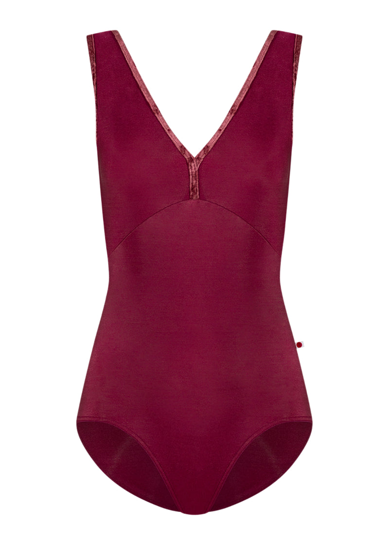 Yumiko women's Alicia tank leotard in burgundy with velvet trim and v-neckline.