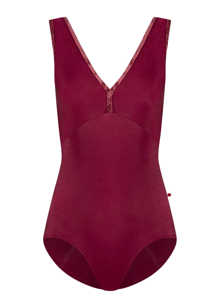 Yumiko women's Alicia tank leotard in burgundy with velvet trim and v-neckline.