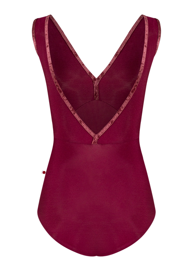 Yumiko women's Alicia tank leotard in burgundy with velvet trim and low v-back.
