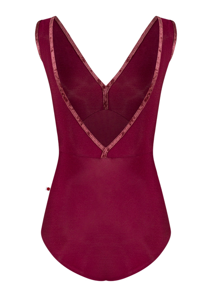 Yumiko women's Alicia tank leotard in burgundy with velvet trim and low v-back.