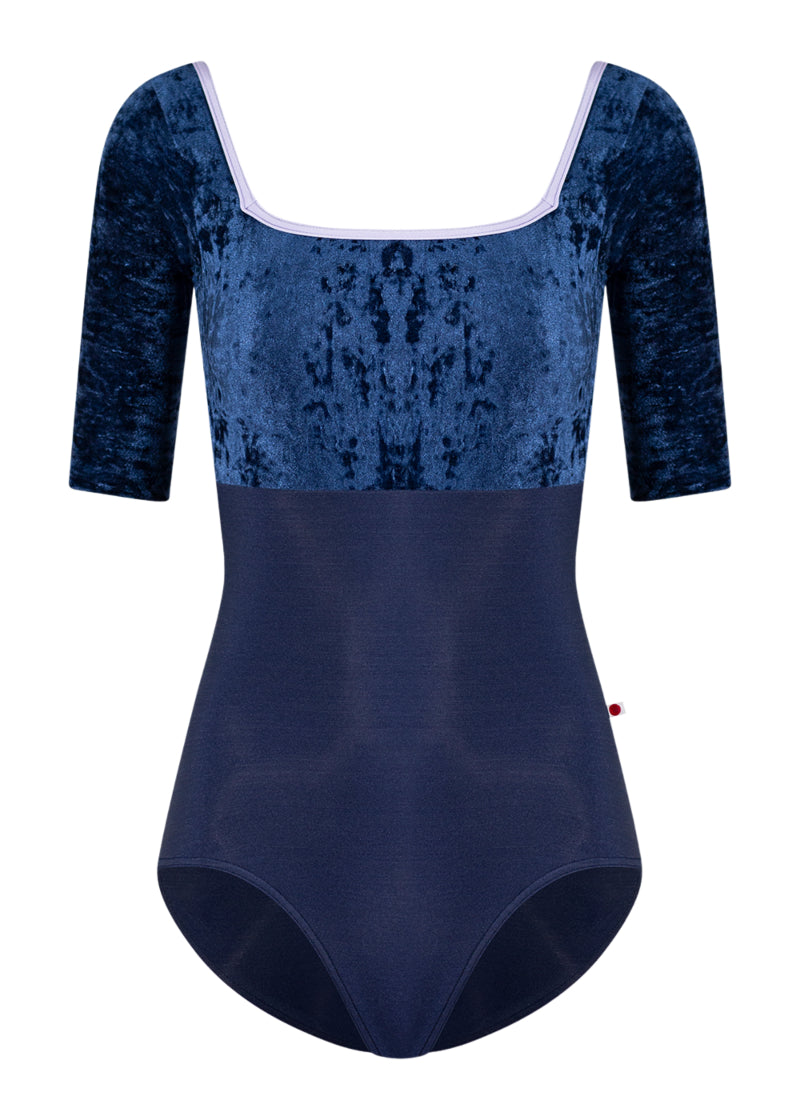 Yumiko women's Marieke half-sleeve leotard in dark blue with crushed velvet bodice and sleeves, lilac trim, and square neckline.