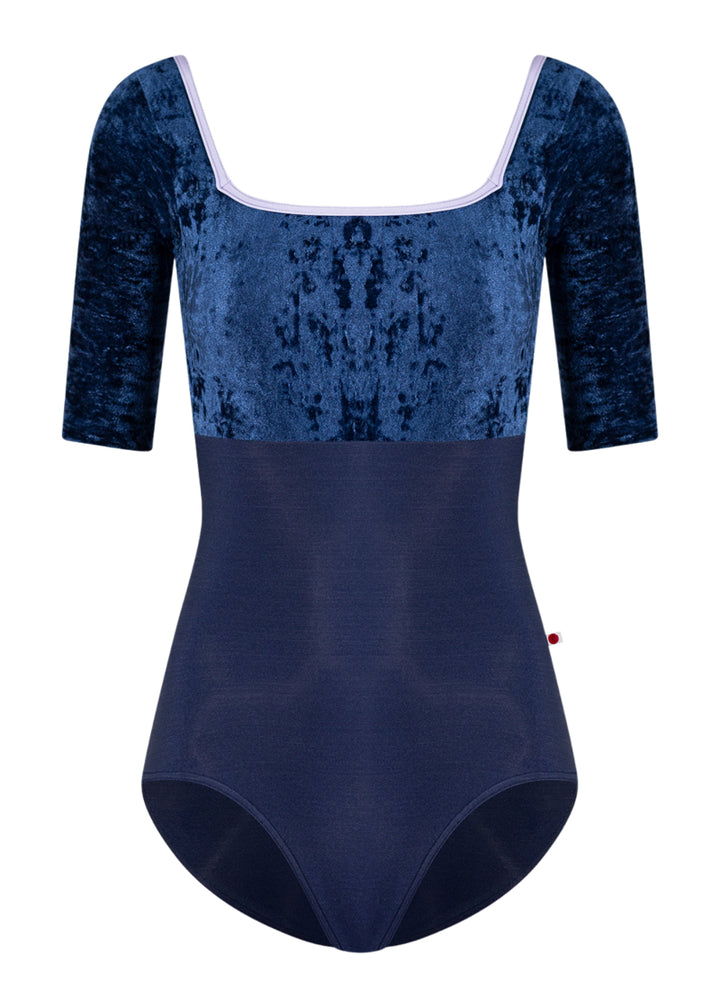 Yumiko women's Marieke half-sleeve leotard in dark blue with crushed velvet bodice and sleeves, lilac trim, and square neckline.
