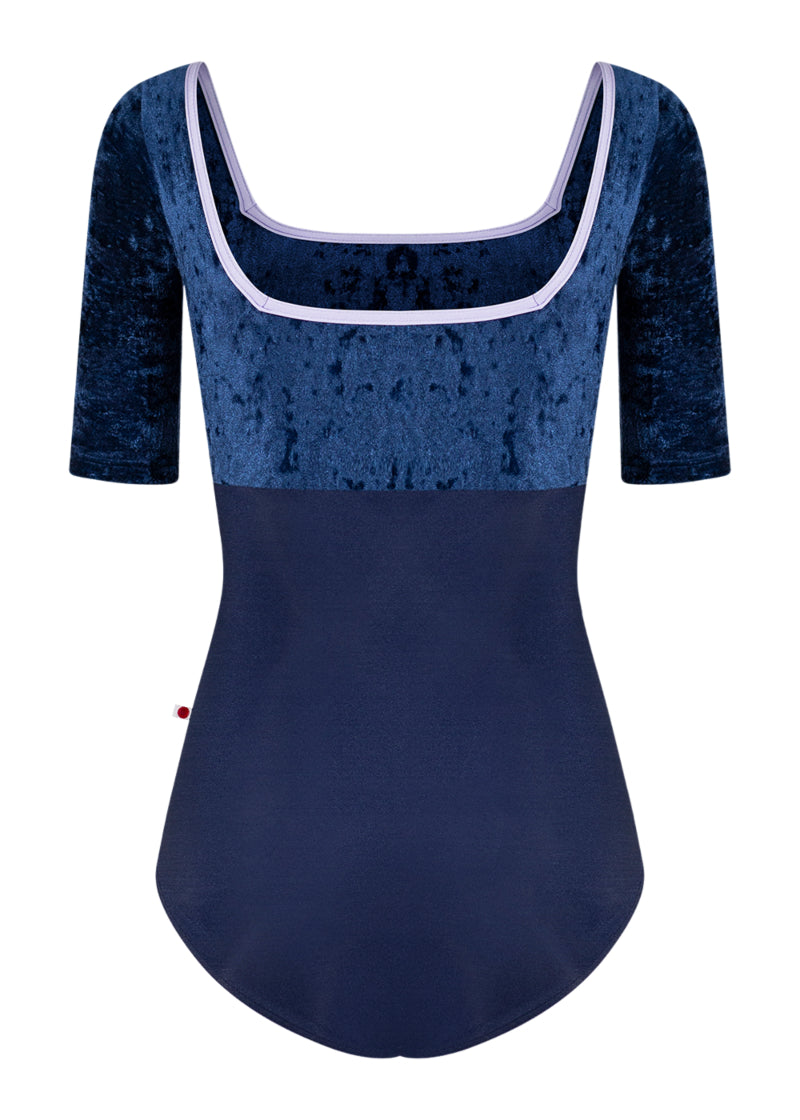 Yumiko women's Marieke half-sleeve leotard in dark blue with crushed velvet bodice and sleeves, lilac trim, and square back.
