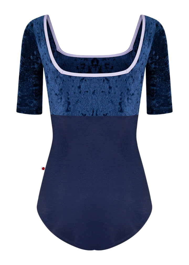 Yumiko women's Marieke half-sleeve leotard in dark blue with crushed velvet bodice and sleeves, lilac trim, and square back.