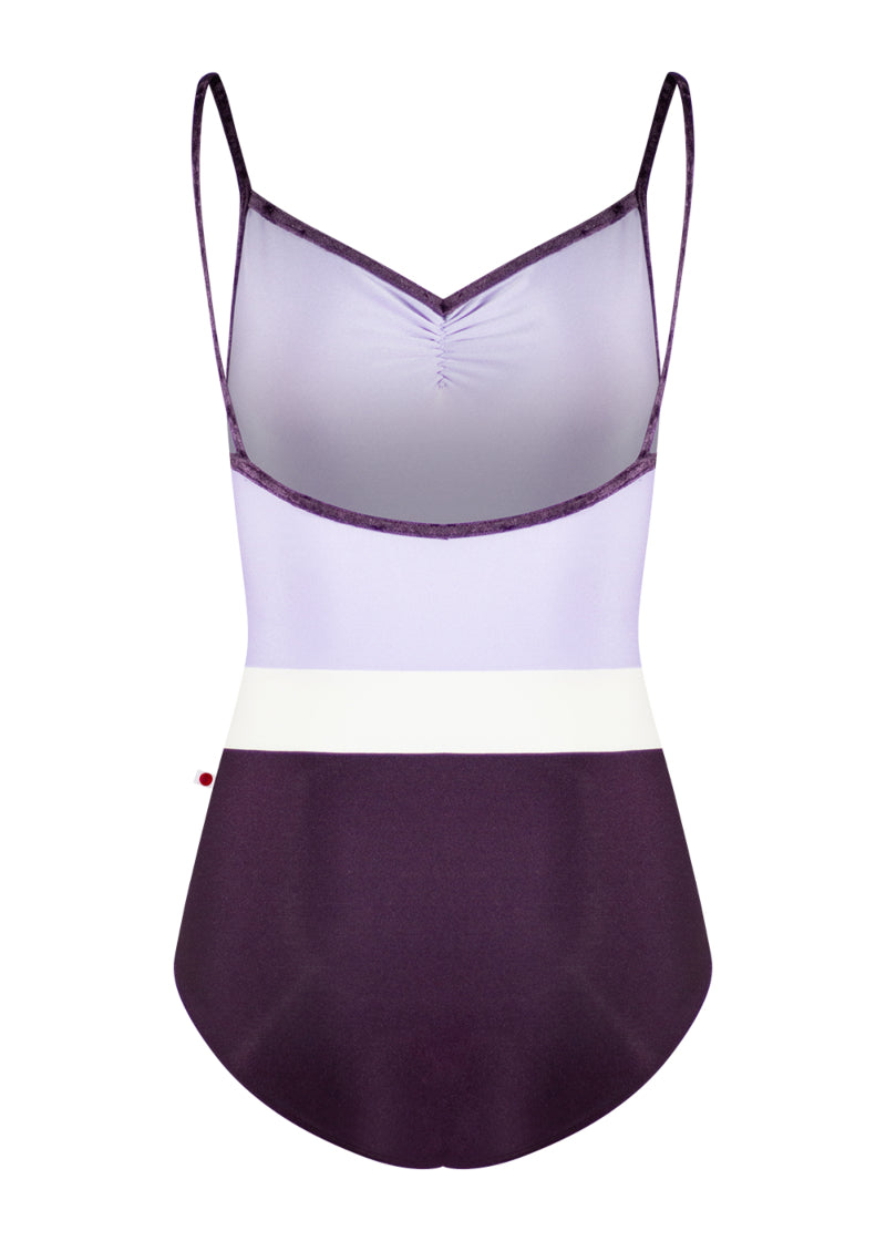 Yumiko Micah camisole leotard with light purple bodice, dark purple bottom, pale pink waistband, and dark purple crushed velvet straps and trim.