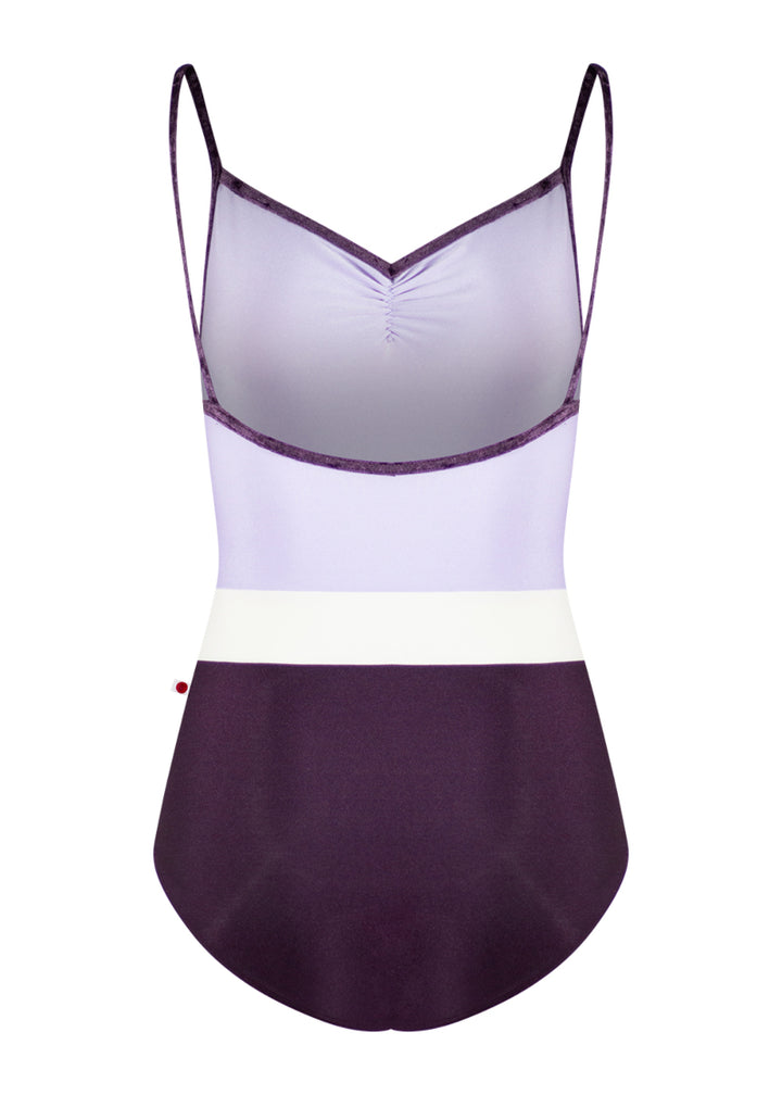 Yumiko Micah camisole leotard with light purple bodice, dark purple bottom, pale pink waistband, and dark purple crushed velvet straps and trim.