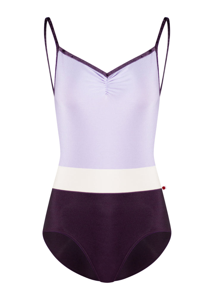 Yumiko Micah camisole leotard with light purple bodice, dark purple bottom, pale pink waistband, and dark purple crushed velvet straps and trim.