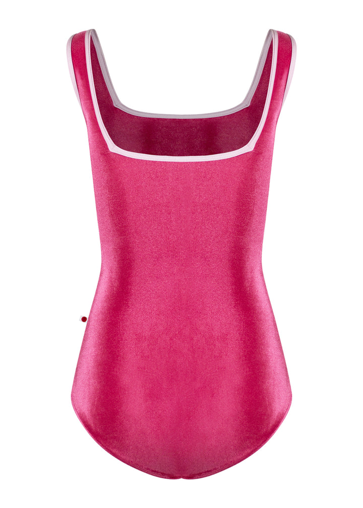 Yumiko Marieke tank leotard in bright pink with pale pink trim.