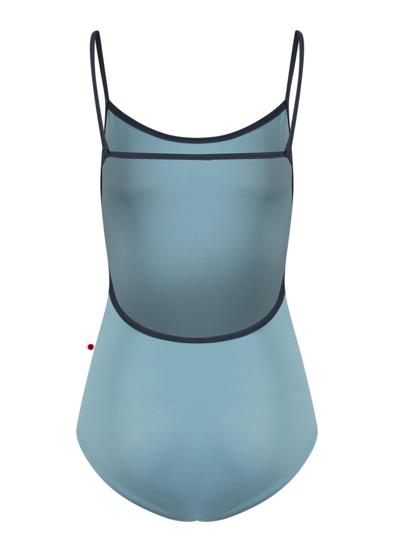 Yumiko Tamara camisole leotard in light blue with dark blue trim and straps.