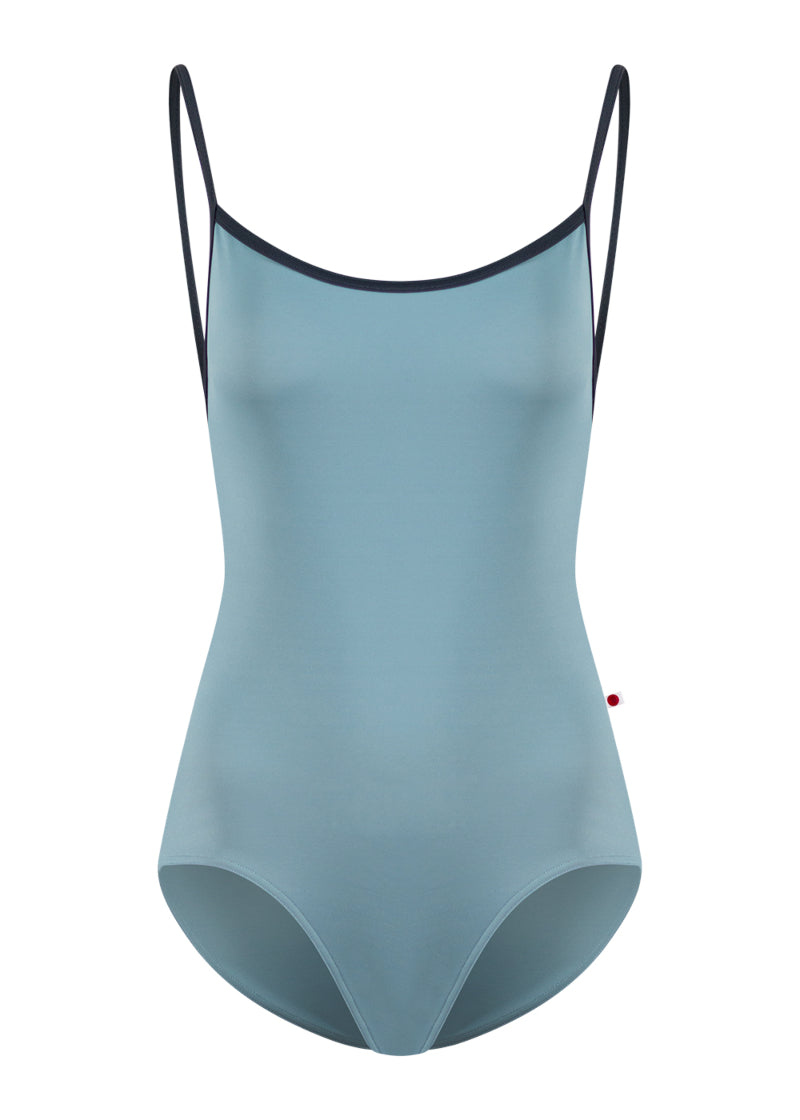 Yumiko Tamara camisole leotard in light blue with dark blue trim and straps.