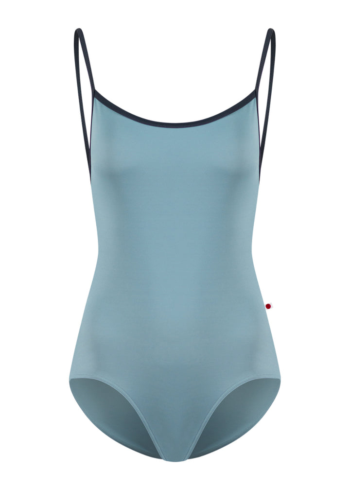 Yumiko Tamara camisole leotard in light blue with dark blue trim and straps.