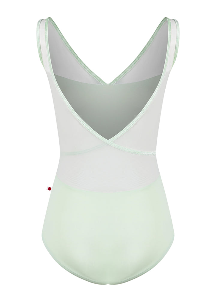 Yumiko Masha tank leotard in pale green with white mesh panels crossing on the back and pale green crushed velvet trim.