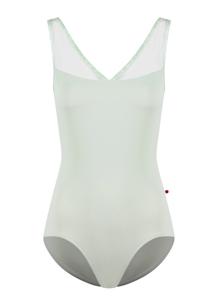 Yumiko Masha tank leotard in pale green with white mesh neckline and pale green crushed velvet trim.