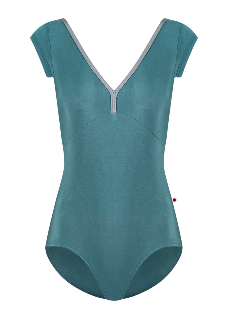 Yumiko Alicia cap sleeve leotard in greenish blue with grey trim.