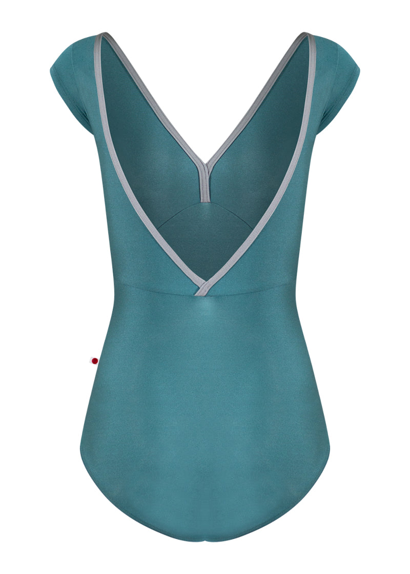 Yumiko Alicia cap sleeve leotard in greenish blue with grey trim.