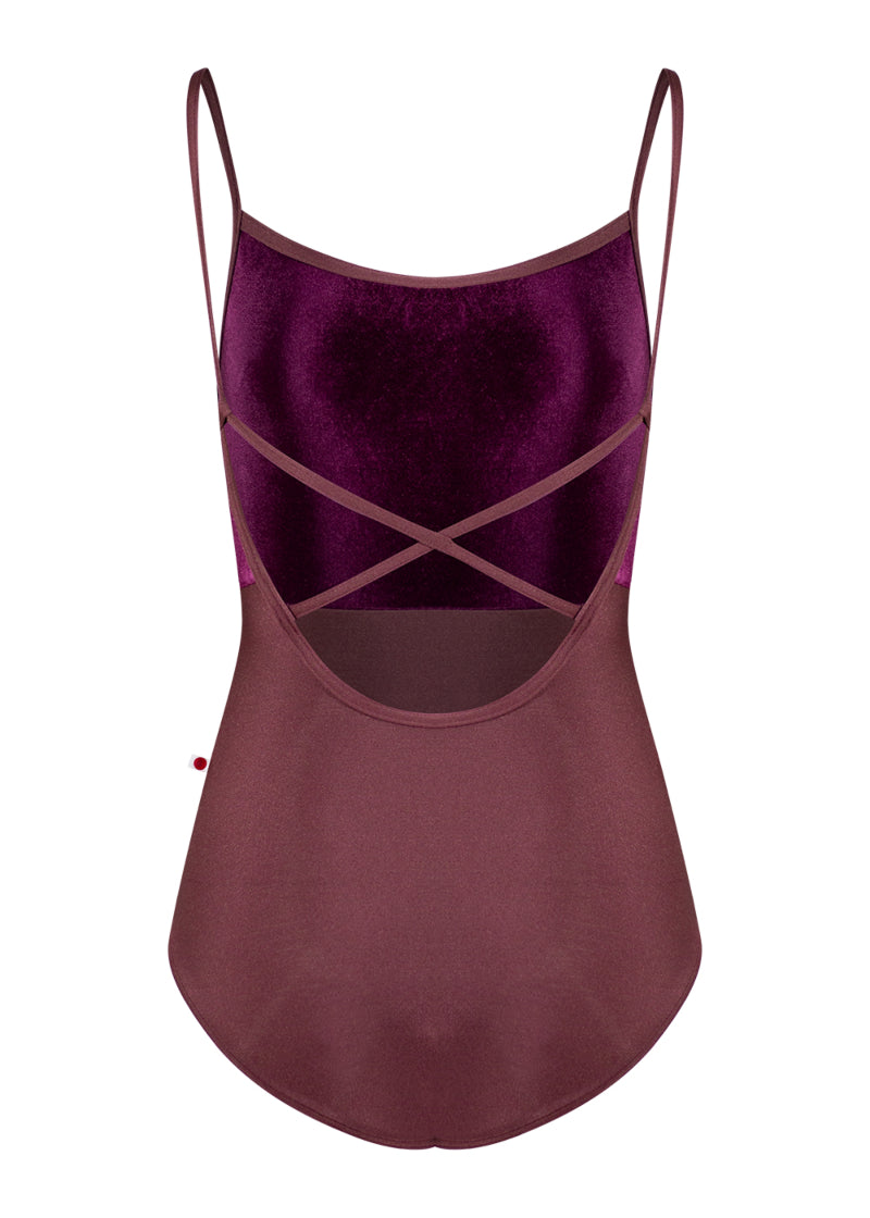 Yumiko Daniela camisole leotard in purple with open cross back.