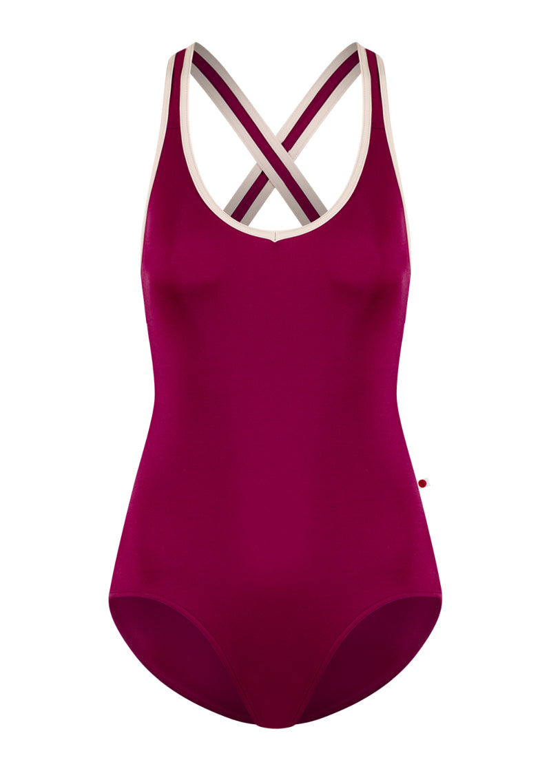 Yumiko Sonoya tank leotard in maroon with light pink trim.