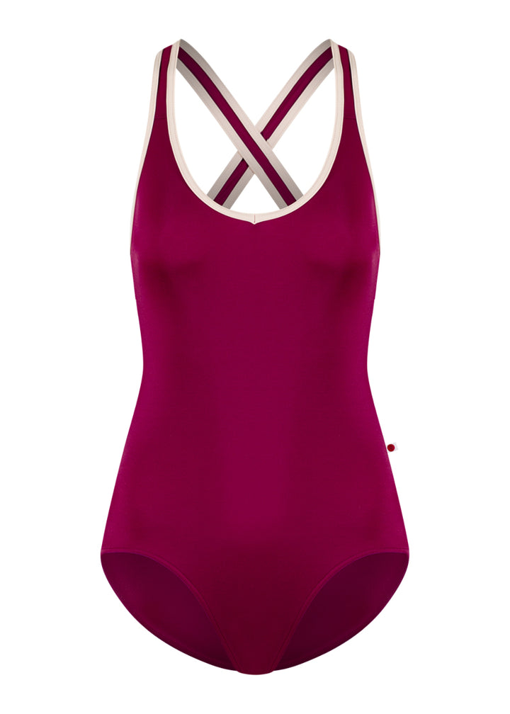 Yumiko Sonoya tank leotard in maroon with light pink trim.