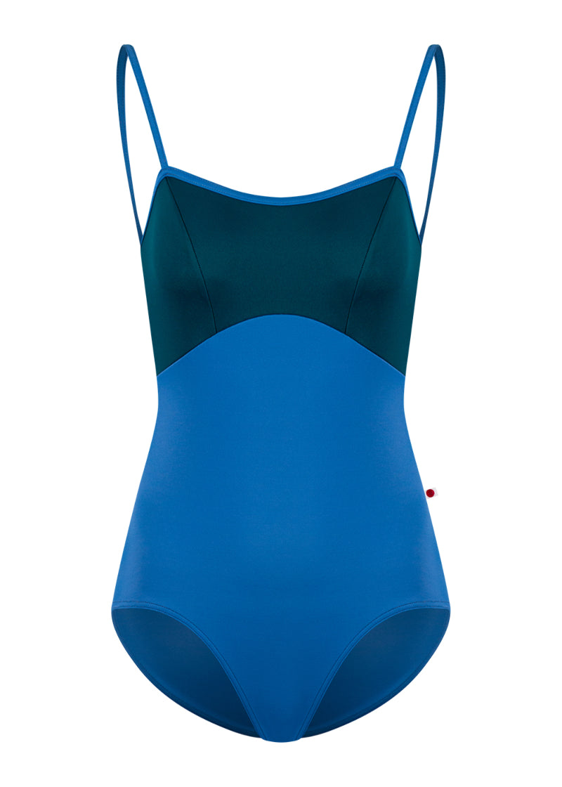 Yumiko Denise camisole leotard in royal blue with princess seams on a dark blue bodice.