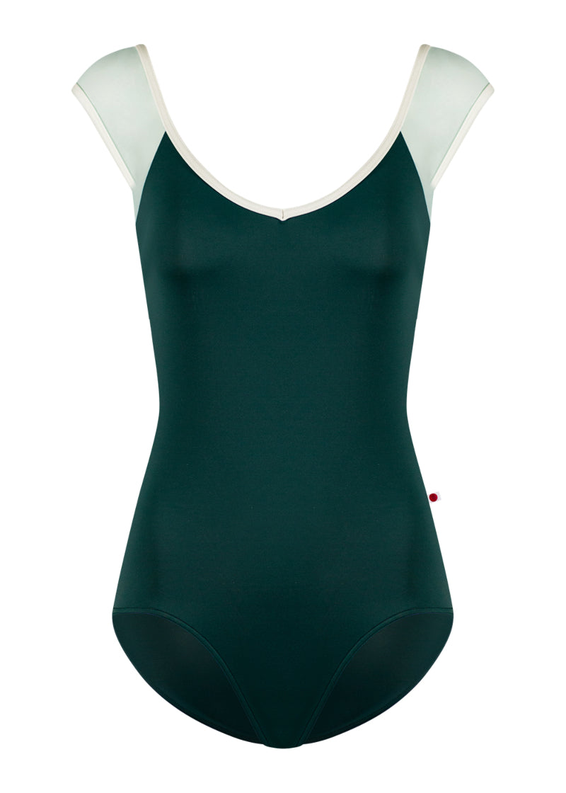 Yumiko Nina cap sleeve leotard in dark green with white mesh sleeves.