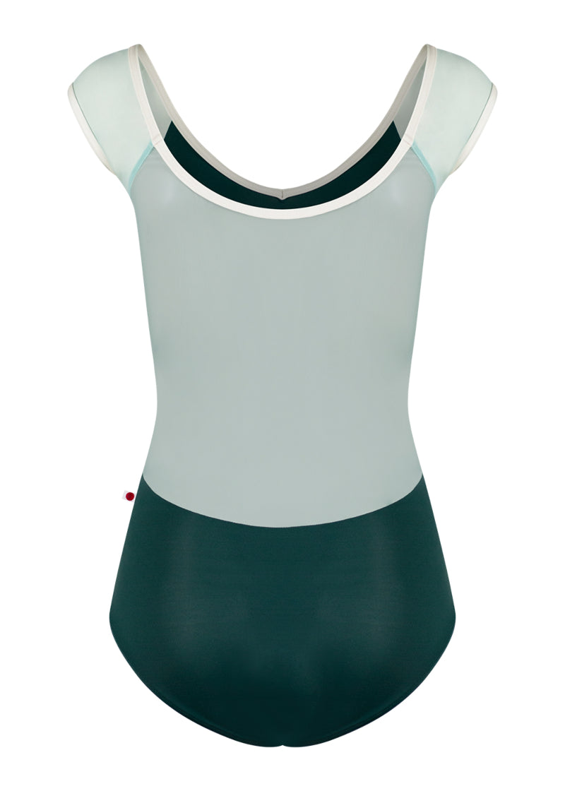 Yumiko Nina cap sleeve leotard in dark green with white mesh back.