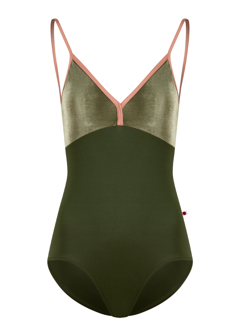 Yumiko women's Daria camisole leotard in dark green with olive green velvet bust, v-neckline, and pink trim and straps