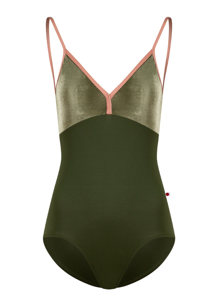 Yumiko women's Daria camisole leotard in dark green with olive green velvet bust, v-neckline, and pink trim and straps