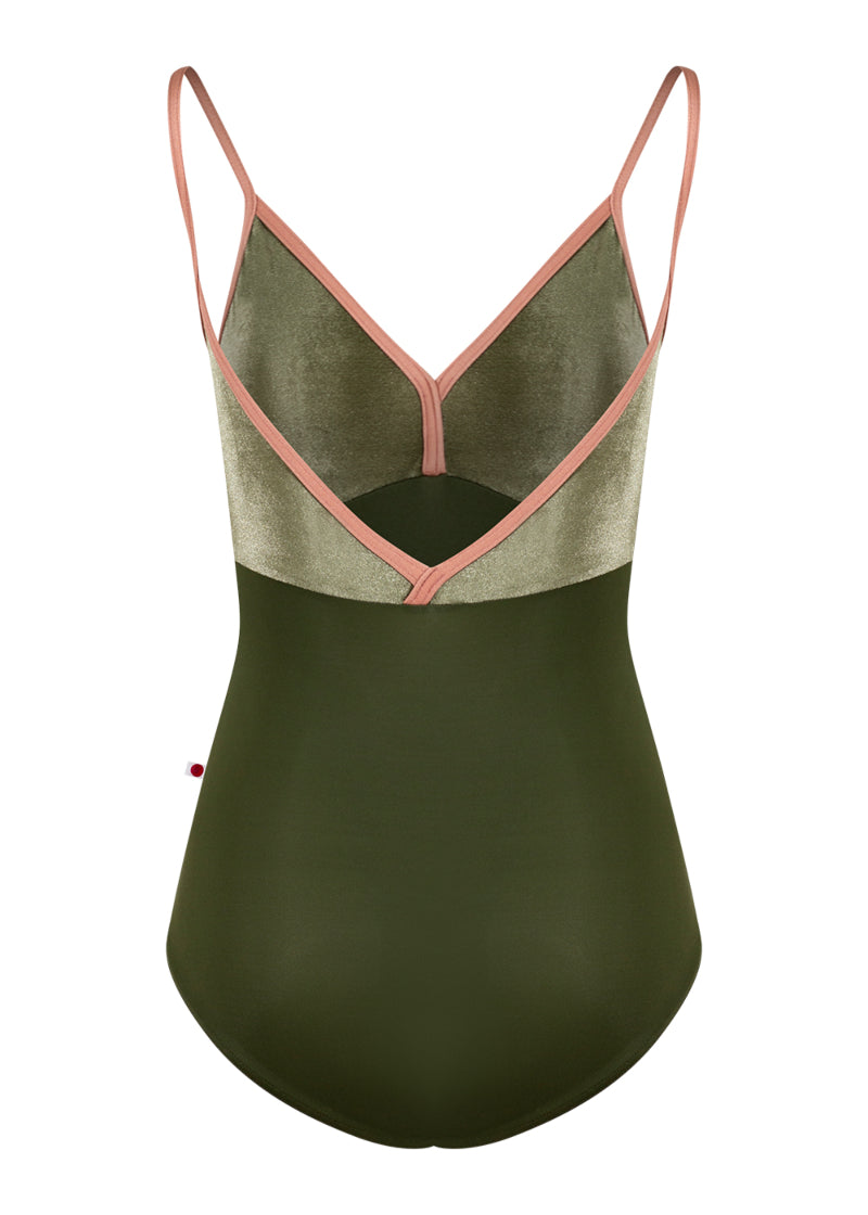 Yumiko women's Daria camisole leotard in dark green with olive green velvet bust, v-back, and pink trim and straps