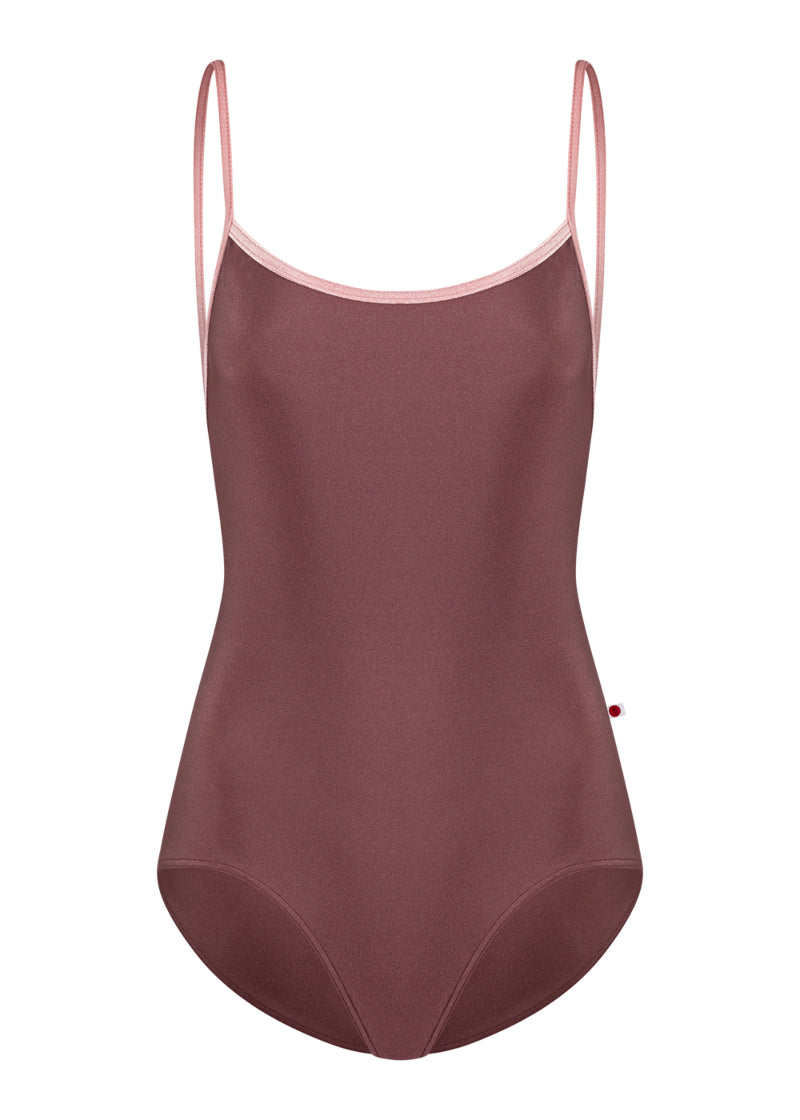 Yumiko women's Heather camisole leotard in dark pink with light pink trim and straps