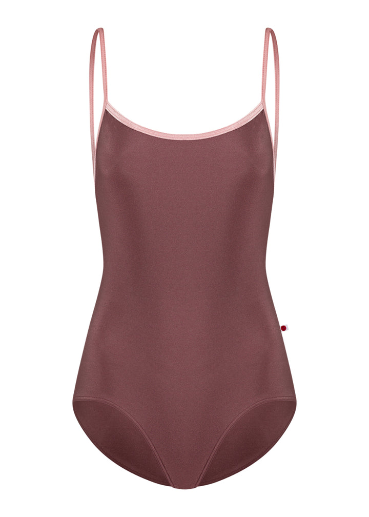 Yumiko women's Heather camisole leotard in dark pink with light pink trim and straps