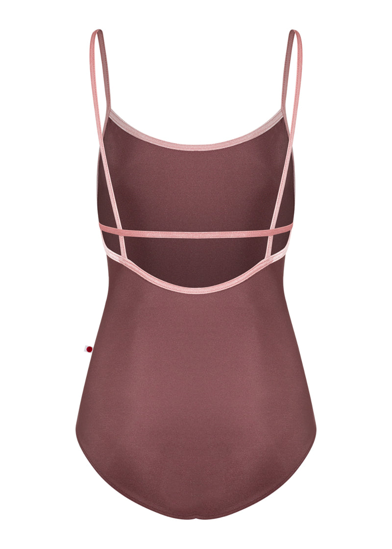 Yumiko women's Heather camisole leotard in dark pink with pink trim and straps across an open back