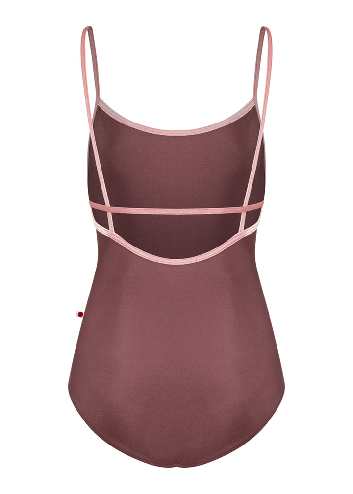 Yumiko women's Heather camisole leotard in dark pink with pink trim and straps across an open back