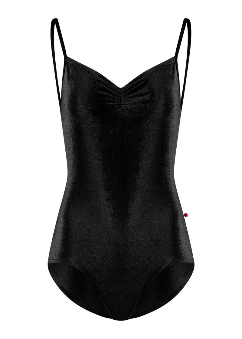 Yumiko women's Daniela camisole leotard in black velvet with pinch front neckline