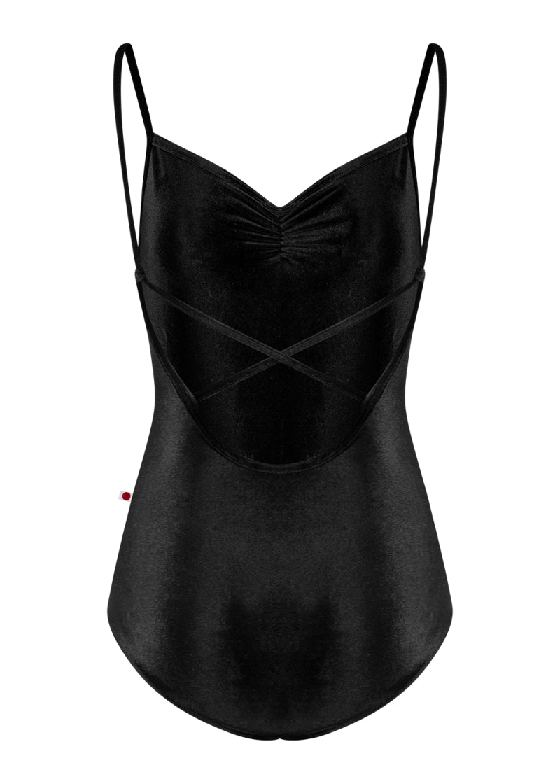 Yumiko women's Daniela camisole leotard in black velvet with criss-cross straps over an open back.