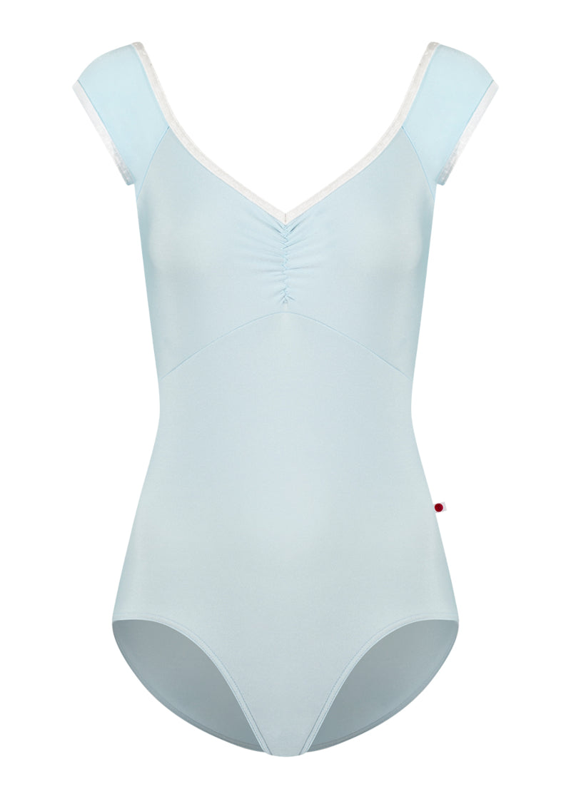 Yumiko women's Elli cap sleeve leotard in pale blue with white trim and pinch front neckline
