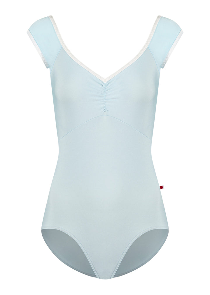 Yumiko women's Elli cap sleeve leotard in pale blue with white trim and pinch front neckline