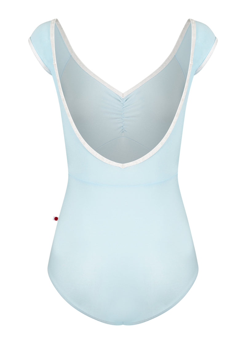 Yumiko women's Elli cap sleeve leotard in pale blue with open back and white trim