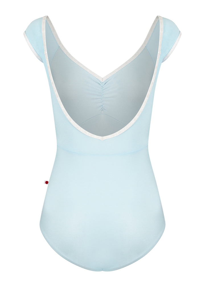 Yumiko women's Elli cap sleeve leotard in pale blue with open back and white trim