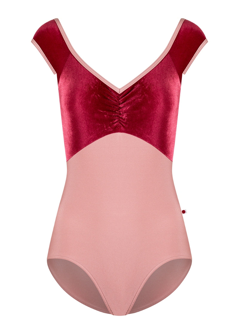 Yumiko Elli cap sleeve leotard with dark pink velvet bust with pinch front and dusty pink body