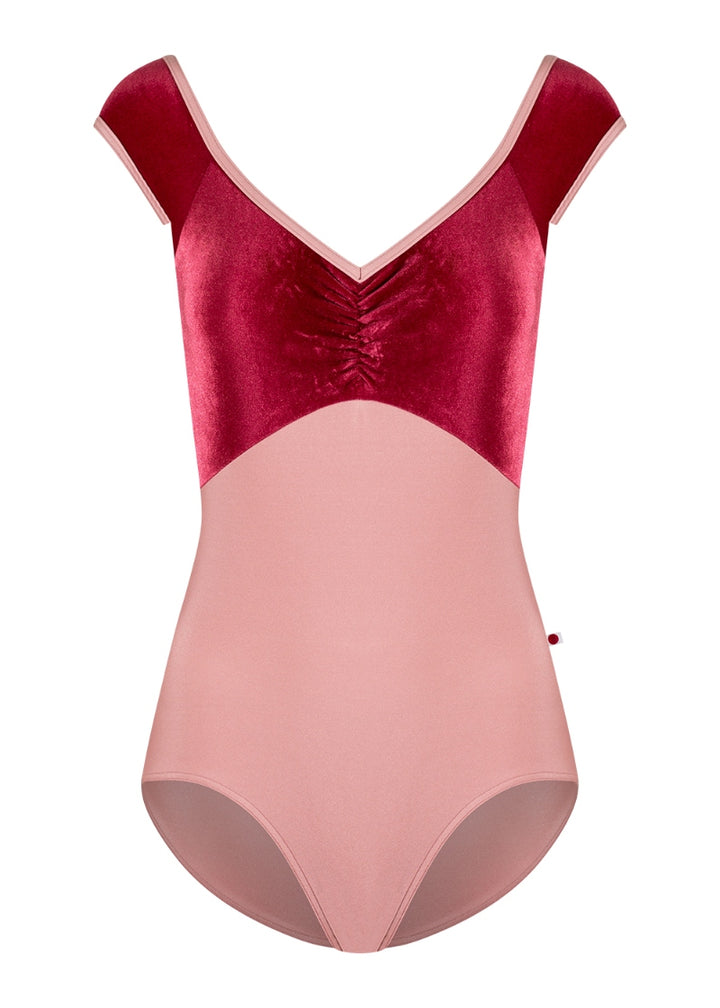 Yumiko Elli cap sleeve leotard with dark pink velvet bust with pinch front and dusty pink body