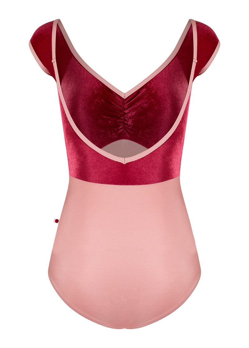 Yumiko Elli cap sleeve leotard with dark pink velvet bust with pinch front and dusty pink body