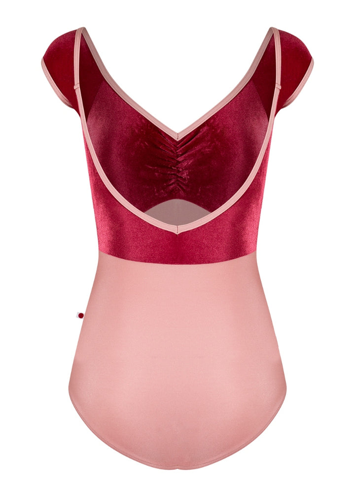 Yumiko Elli cap sleeve leotard with dark pink velvet bust with pinch front and dusty pink body