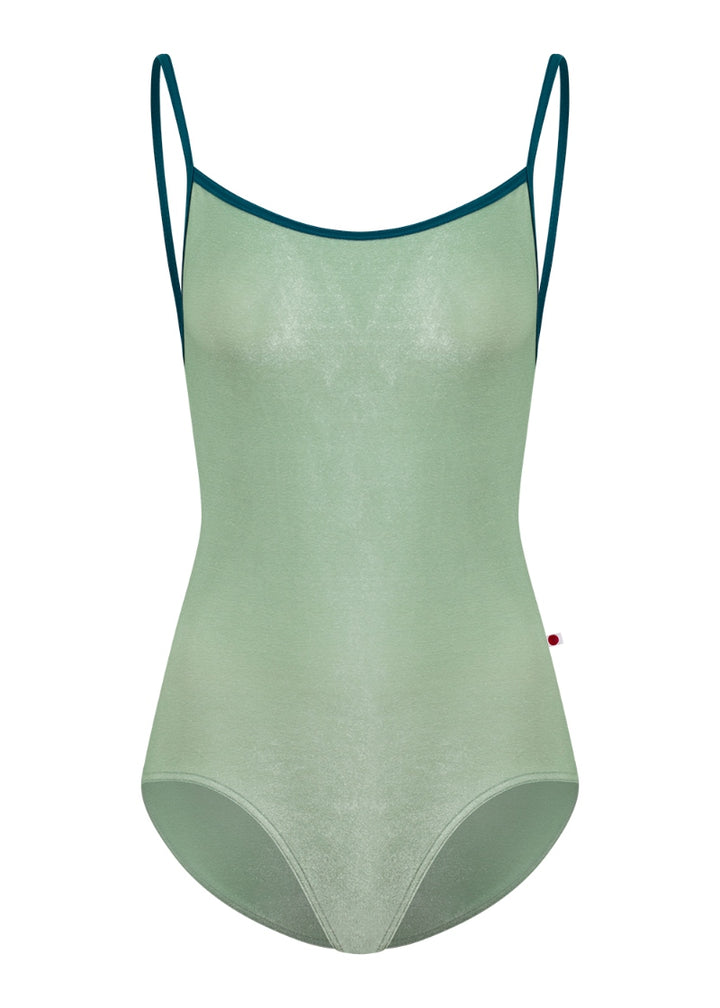Yumiko Tamara camisole leotard in pale green velvet with teal trim and straps