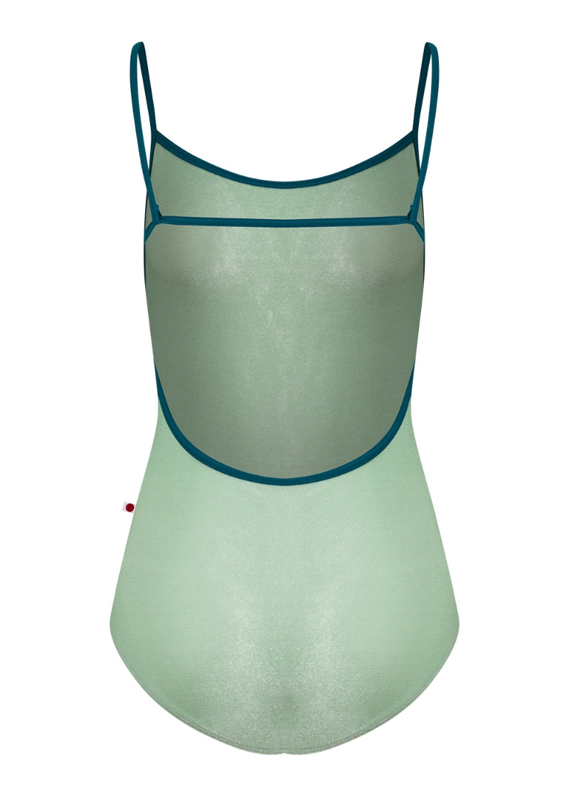 Yumiko Tamara camisole leotard in pale green velvet with teal trim and straps